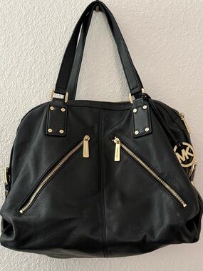Michael Kors Black Leather Shoulder Tote with Gold Accents